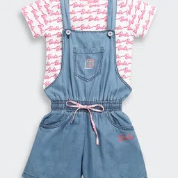 Barbie by Tiny Girl Cotton Woven Typogrpaphy Printed Dungaree With Tee - Dark Blue-picture-47