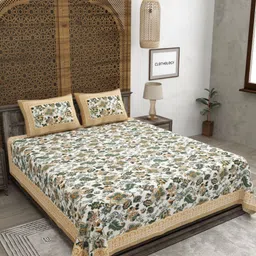 CLOTHOLOGY Green & Beige Floral 180 TC Pure Cotton King Bedsheet Set-2.75 m x 2.25 m-20