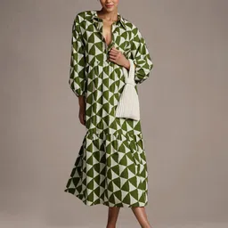 ChicFlick Women Print Shirt Collar Puff Sleeve Tiered A-Line Maxi Dress-image-49