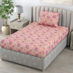 BOMBAY DYEING Peach-Coloured & Pink Floral 144 TC Single Bedsheet with 1 Pillow Covers-image-80
