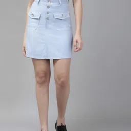 KASSUALLY Blue Solid Pure Cotton A-Line Skirt-picture-25