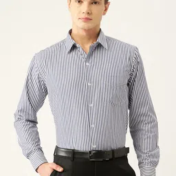 English Navy Men Slim Fit Opaque Striped Formal Shirt-image-42
