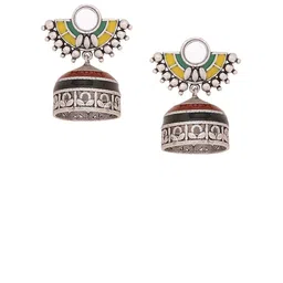 Voylla Silver-Plated & Yellow Enamelled Dome Shaped Jhumkas image 3