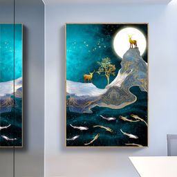 Myntra Elegant Homes Gold-Toned Deer On the Top Of the Mountain With Moon Canvas Wall Art-image-46