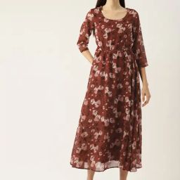 Deewa Maroon Floral Print Midi Dress-image-57