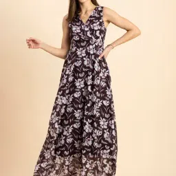 Moomaya Dark Brown & White Floral Print Maxi Dress-picture-13