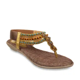 Mochi Women's Antique Gold T-Strap Sandals-image-24