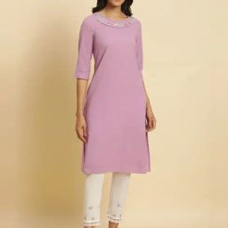 W Lilac Cotton Embroidered Straight Kurta-image-47