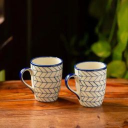 ExclusiveLane 'Indigo Chevron' Hand-painted Ceramic Tea & Coffee Mugs (Set of 2, 300 ml)-image-60