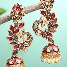 Karatcart Gold-Plated Peacock Shape Maroon Kundan Jhumki Earrings for Women-19