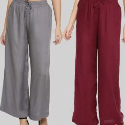 TWIN BIRDS Grey & Maroon Mid Rise Palazzos - Pack Of 2-picture-20