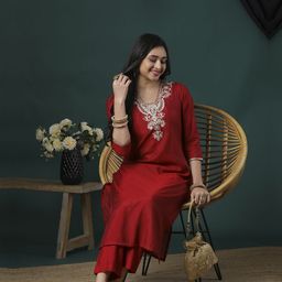 Globus Women Floral Yoke Design Regular Kurta with Trousers-image-73
