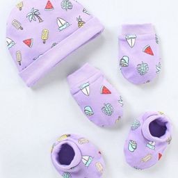 Babyhug 100% Cotton Cap Mittens & Booties Watermelon & Popsicle Print- Purple-image-85