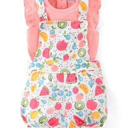 Babyhug 100% Cotton Knit Pomegranate Print  Dungaree with Half Sleeves Inner Tee - White & Pink-image-68