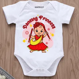 KNITROOT Navratri Theme Half Sleeves Dnacing Garba Princess Printed Onesie - White-picture-20