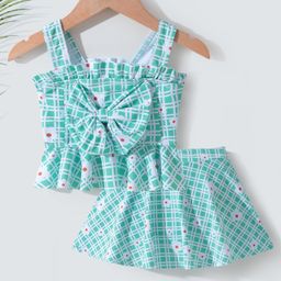 Kookie Kids Sleeveless Two Piece Swimsuit with Bow Applique Floral Print - Green-image-53