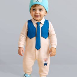 Babyoye100% Cotton Knit With Eco- Jiva Finish Romper with Attached Waist Coat Cap & Tie Bear Patch - Blue & Cream-image-51