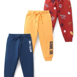 Babyhug Cotton Knit Full Length Lounge Pant with Text Print Pack of 3 - Yellow Blue & Red-image-95