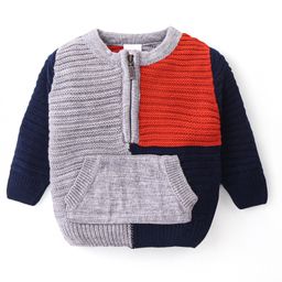 Babyhug Knitted Full Sleeves Pullover Sweater with Colour Block Design & Kangaroo Pocket - Multicolour-picture-15