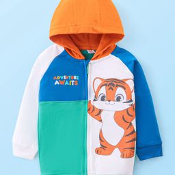 Babyhug Cotton Knit Full Raglan Sleeves Front Open Hooded Sweatjacket with Cut & Sew Design & Tiger Print - Multicolour-image-35