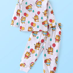 Babyhug Cotton Knit Full Sleeves Night Suit With Tiger Print - Light Grey-image-95