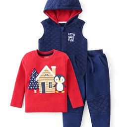 Babyhug Terry Knit Full Sleeves T-Shirt & Pant Set with Hooded Jacket - Penguin Print - Navy Blue-image-27