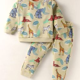 ToffyHouse Fleece Knit Full Sleeves Winter Wear T-Shirt & Lounge Pants With Animal Print - Khaki-image-63