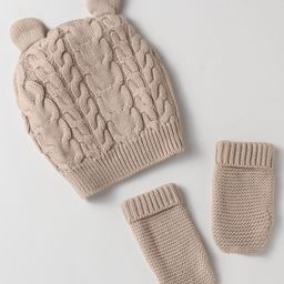 Babyoye 100% Cotton Cable Knit Designed Cap & Mitten Set -Tan-28