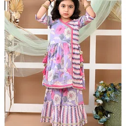LIL PITAARA Pure Cotton Three Fourth Sleeves Floral Printed & Gota Lace Embellished Coordinating Kurta & Sharara Set - Purple-picture-34