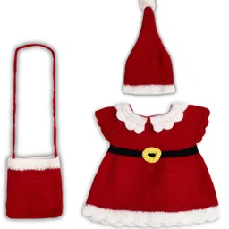 Windrop Solutions Wool Crocheted Sleeveless Santa Claus Designed Sweater Dress With Bag & Cap - Red-picture-43
