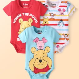 Babyhug Disney Interlock Knit Half Sleeves Onesies With Winnie The Pooh & Friends Graphics Pack of 3 - Light Blue Red & White-image-86