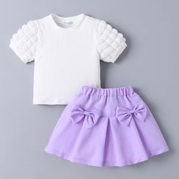 Mark & Mia Half Sleees Top & Skirt Set with Bow Detailing - White & Mauve-image-42