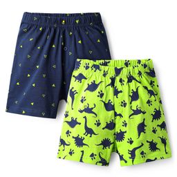 Honeyhap 100% Premium Cotton Knit Knee Length Boxers With Triangle & Dino Print Pack Pack Of 2 - Navy Peony & Kiwi Colada-31