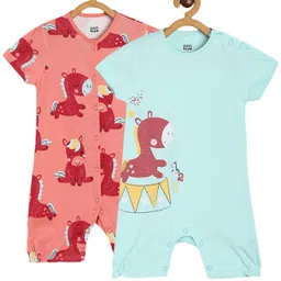MINI KLUB Cotton Pack Of 2 Half Sleeves Horse Printed Rompers - Peach & Blue-picture-19