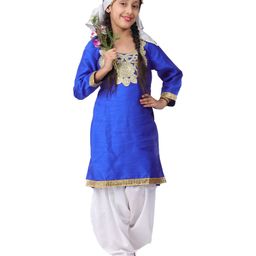 Itsmycostume Cotton Blend Full Sleeves Lace Embellished & Ethnic Embroidered Kashmiri Theme Costume Set - Blue & White-image-77