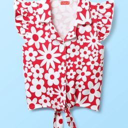 Babyhug Cotton Knit Frill Sleeves Knotted Top with Floral Print - Red-image-32