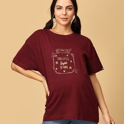 The Mom Store Half Sleeves Little Light Of Love Text Printed Oversized Maternity Tee - Maroon-image-78
