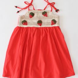 Woonie Cotton Sleeveless Strawberry Crochet Designed Dress - Red-image-70