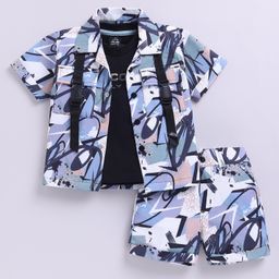LITTLE COLLARS Half Sleeves Abstract Printed Shirt & Coordinating Shorts With Inner Tee Set - Green-picture-23