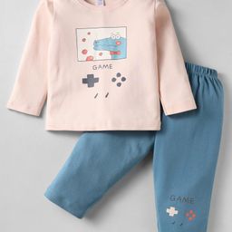Tango Interlock Knit Full Sleeves T-Shirt & Lounge Pant Set With Game Print - Peach & Blue-image-110