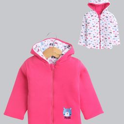 BUMZEE Cotton Knit Full Sleeves Animal Printed & Embroidered Hooded Reversible Jacket - Dark Pink & White-image-118