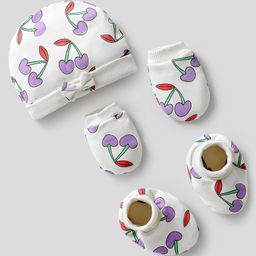 Bonfino 100% Cotton Knit Caps, Mittens & Booties Set with Cherry Print & Bow Applique Ivory - Diameter 12 cm-image-37