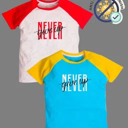 COCOON ORGANICS 100% Cotton Knit Pack Of 2 Half Raglan Sleeves Never Give Up Text Printed Loose Fit Anti Microbial Tee - Yellow Sky Blue Red & Grey Melange-picture-26