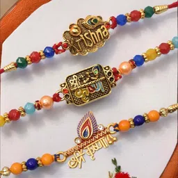 MEIRA JEWELLERY Set Of 3 Beaded Rakhi Comes with Roli Chawal & Card-image-12