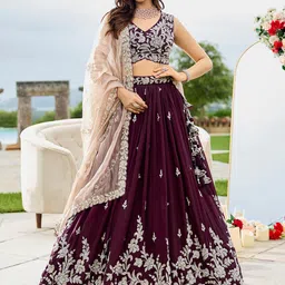 panchhi Wine Embroidered Satin Silk Beads & Stone Ready To Wear Lehenga Choli With Dupatta-picture-2