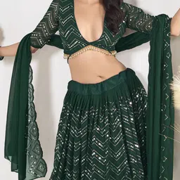 Warthy Ent Embroidered Sequinned Semi-Stitched Lehenga & Unstitched Blouse With Dupatta image 3