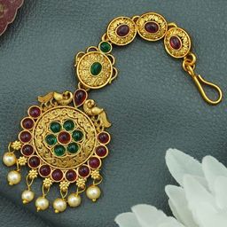 Diksha collection Brass-Plated Stone-Studded & Beaded Maang Tikka-image-74