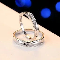 Zoey Unisex Set Of 2 Silver-Plated Cubic Zirconia-Studded Adjustable Couple Rings-16