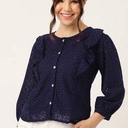 DressBerry Embroidered Schiffli Puff Sleeves Ruffles Cotton Pure Cotton Shirt Style Top-image-41
