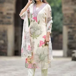 Twika Floral Printed V-Neck Georgette Straight Kurta With Trousers & Dupatta-picture-49